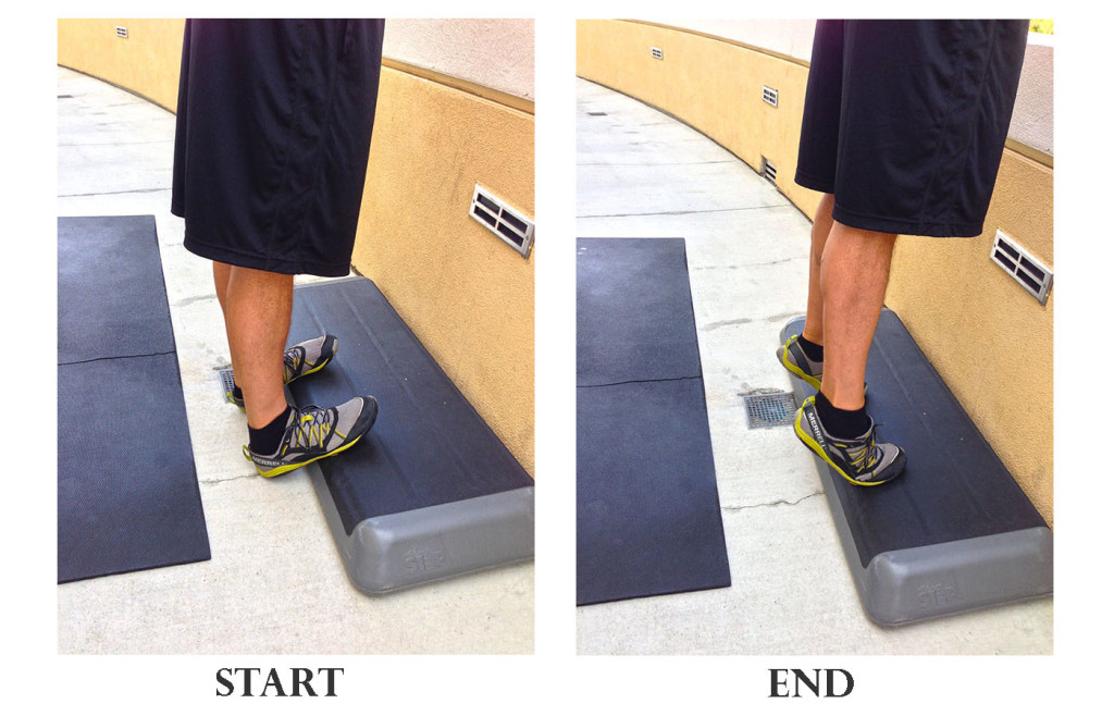 Calf Raise with ball of foot elevated for more Range of Motion through the ankle and activation of the calf 