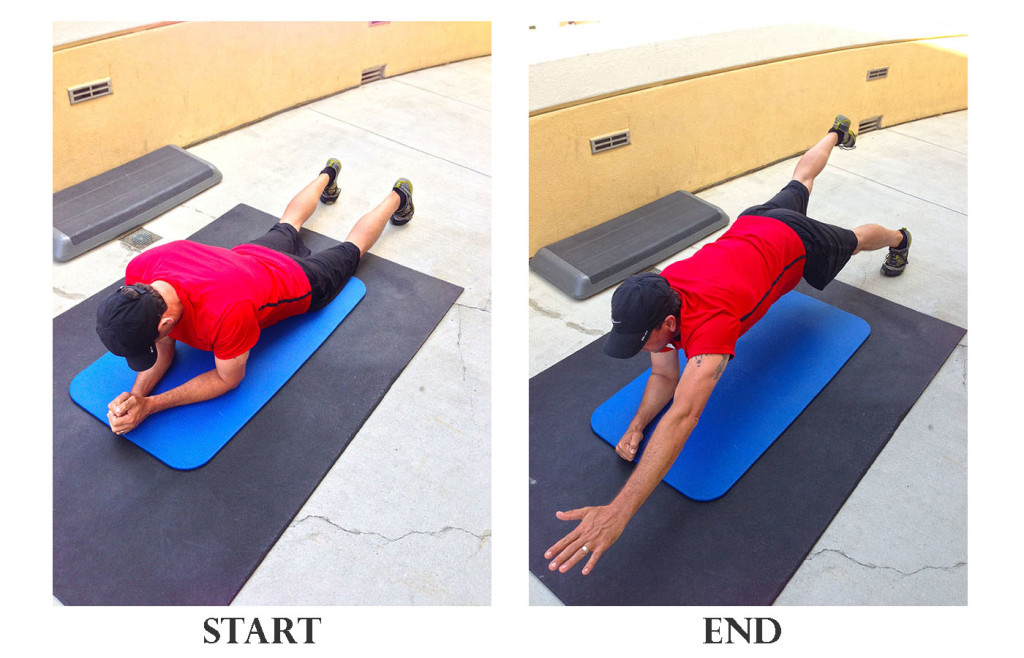 Static Prone Plank with 1 arm and 1 leg up in the air held in a cross pattern