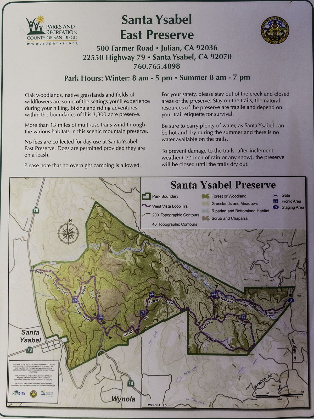 Map of Santa Ysabel Eastern Preserve