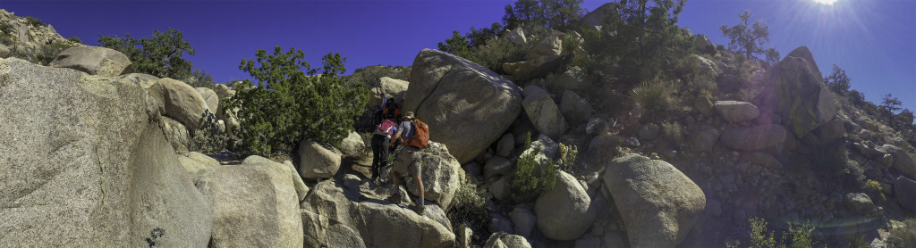 Boulder hopping up the trail in Smugglers Canyon on the way to Whale Peak