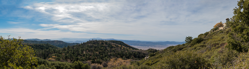 Looking south from the ridge on the way up to Hot Springs Mountain. The fire lookout tower in the far right, and a great view all the way to Cuyamaca Peak