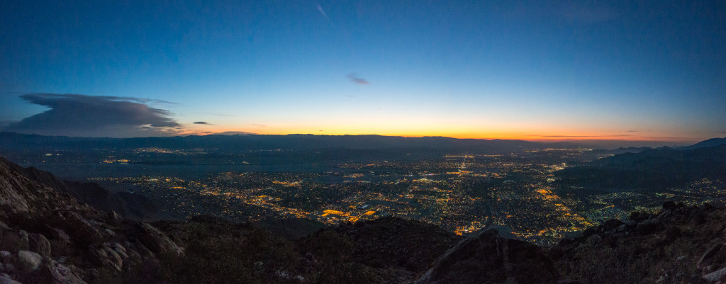 Looking down at the sleeping Palm Springs as the sun rises