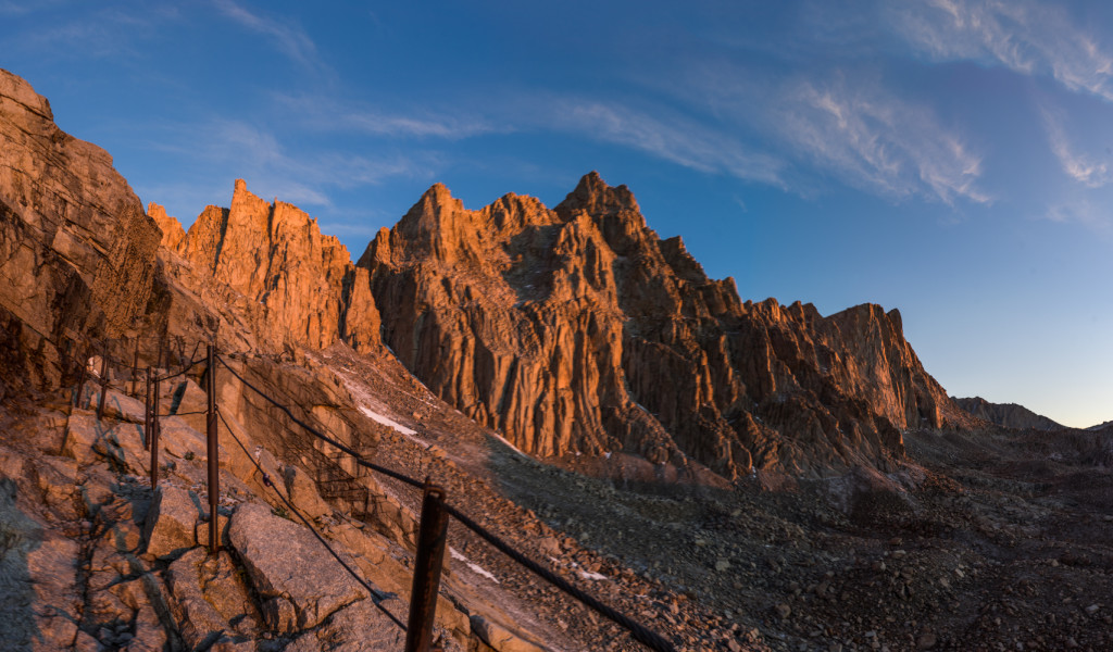 Sunrise at the cables on the famous "99 switchbacks" on the way up the Mt Whitney Trail
