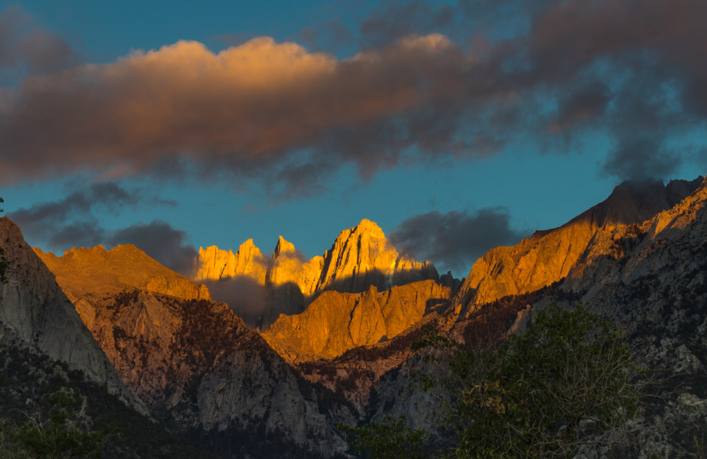 Sunrise on Mt Whitney as seen from the Lone Pine Campground