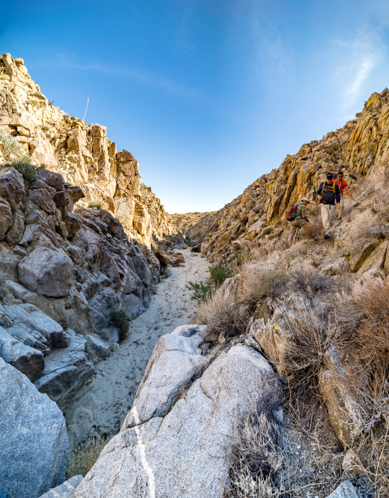 Part of the hiking group making its way up the left side of the canyon wall to get past the large rock blocking the wash