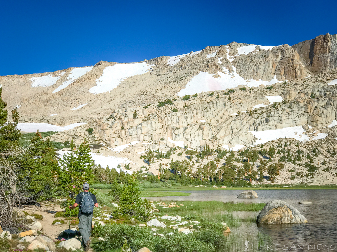 Hiking along Long Lake with New Army Pass off in the distance. 