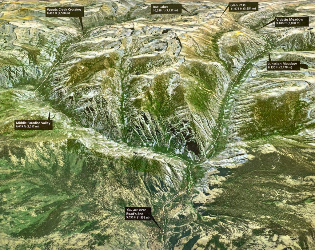 A 3D representation of the Rae Lakes Loop