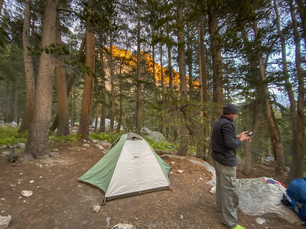 Sunset lighting up the mountain tops behind our camping spot