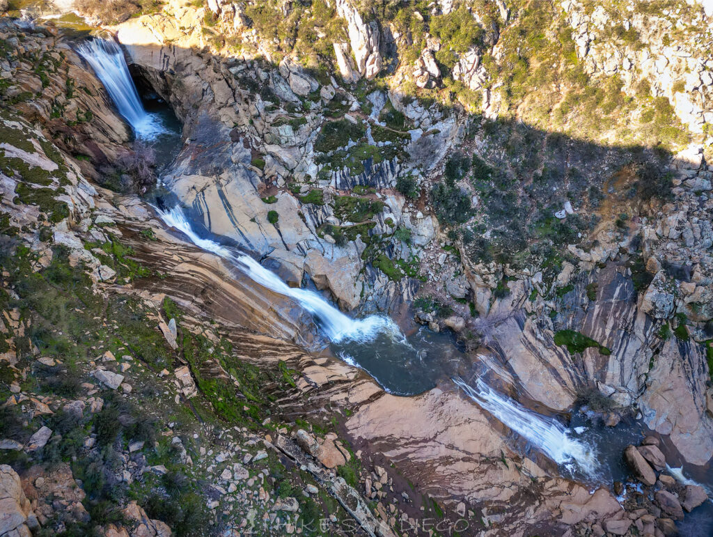 A Top down view of all 3 waterfalls and pools at 3 Sisters Waterfalls